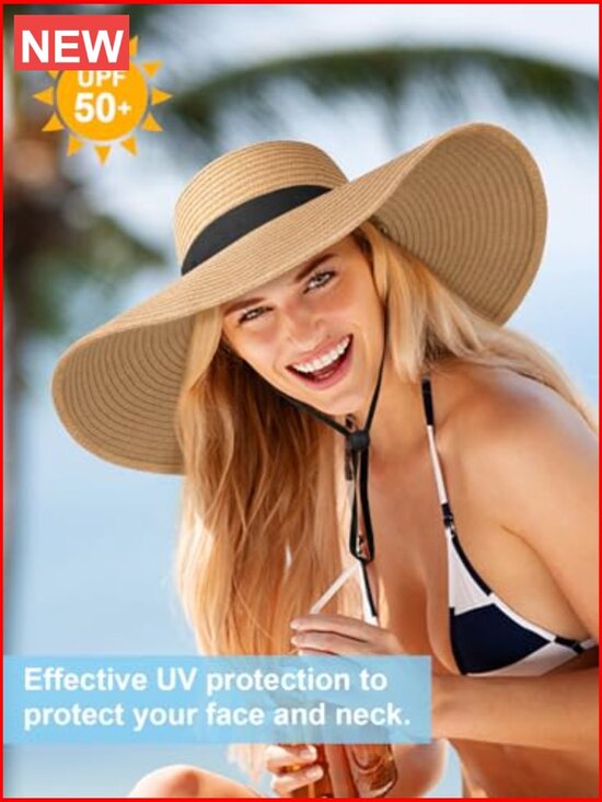 Oversize Wide Brim Straw Beach Hat Floppy Foldable UPF 50+ main image 4